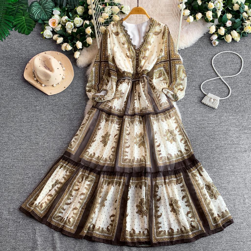 Light and mature style retro printing V-neck lantern sleeve dress for women's autumn elastic waist and thin ruffle edge long skirt