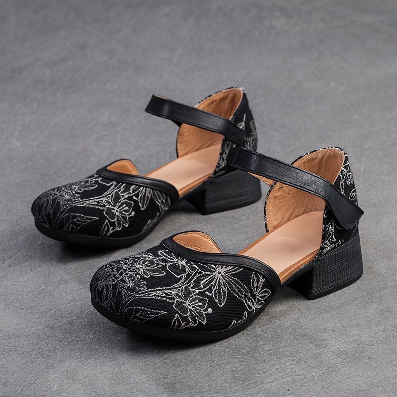 Fashion GKTINOO 2024 New Women Sandals Summer Genuine Leather Print Thick Heels Sandals Retro Style Round Toe Casual High Heel Shoes