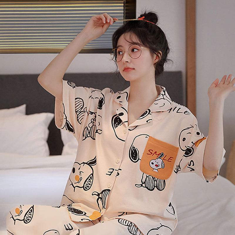 Japanese Cartoon Snoopy Pajamas Women's Spring Summer Cardigan Short-sleeved Trousers Cute Casual Student Loungewear Suit