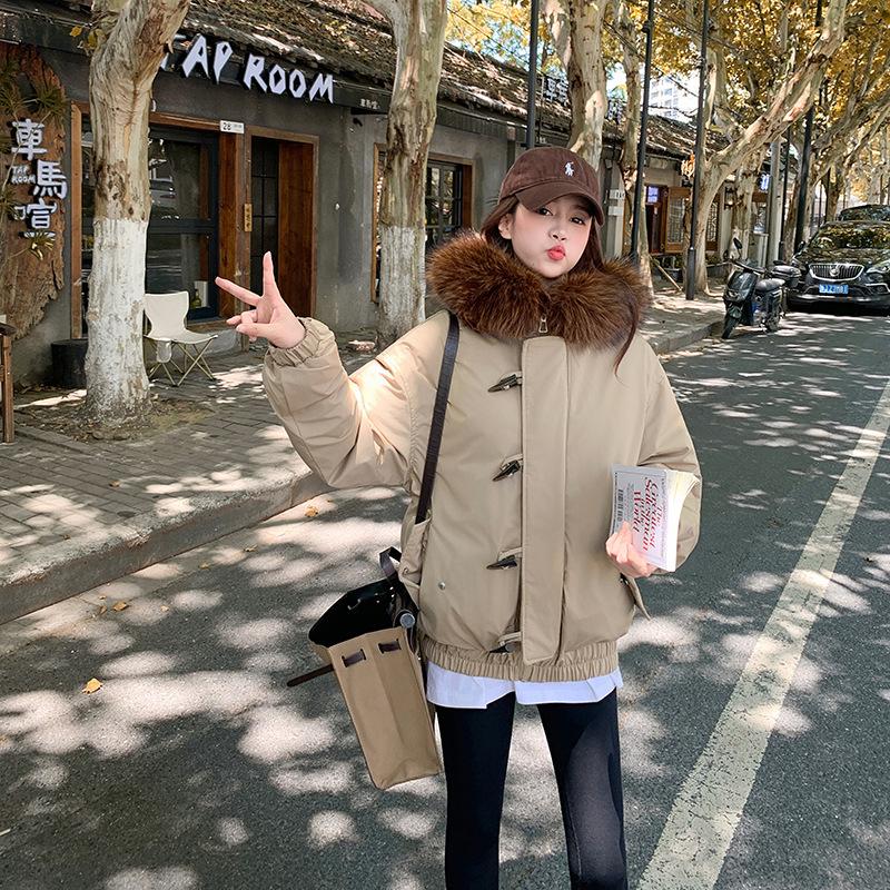 

Большой меховой воротник с капюшоном, хлопковая куртка на пуговицах-рожках, зимняя новая утолщенная теплая хлопковая куртка для женщин 2XL хаки