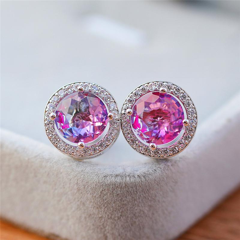 My Fine Jewelry Women's Blue/Green/Silver Luxury Round Elegant Color Zircon Stone Stud Earrings Vintage Wedding Party For