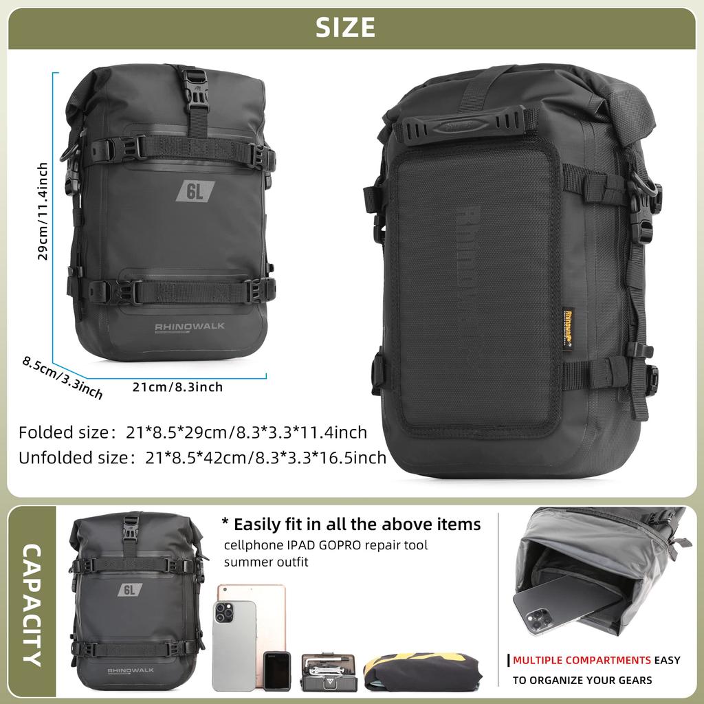Rhinowalk Engine Guard Bag, Motorcycle Side Bag, Waterproof, 6L Capacity, Roll-Top, Belt Attachment, Multifunctional Storage Bag, Easy Installation, S