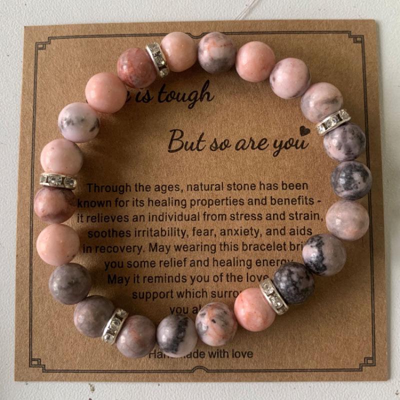 8mm Pink Zebra Stone Bead Bracelet with Gift Card: Perfect Holiday Friendship & Love Gift for Men & Women