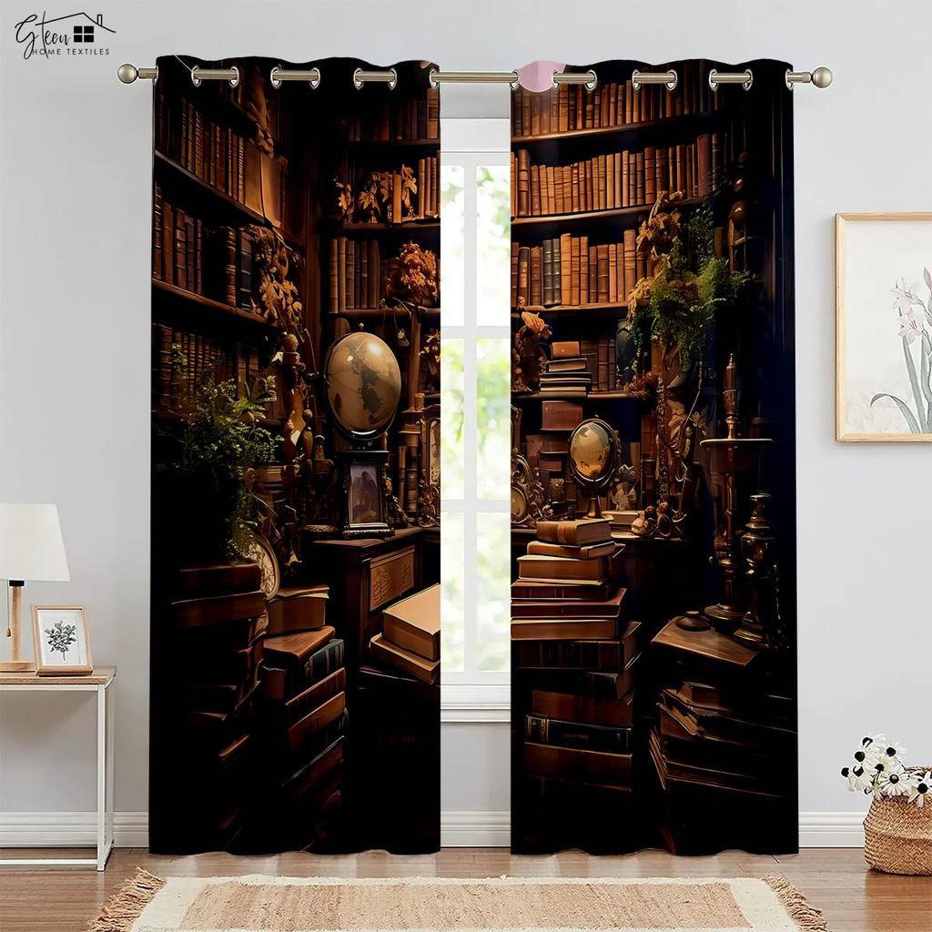 Retro Bokhylla 3D-tryckta Gardiner Sovrum Vardagsrum Kök Studierum Gardinkappa Maskintvättbar 2-delars set