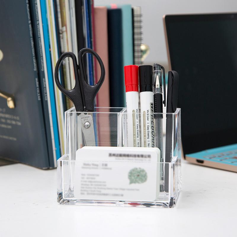 Clear Pen Holder Box Make Up Brush Bucket Cosmetic Organizer Student Desk Pen Container Storage Box 3 Grids Plastic