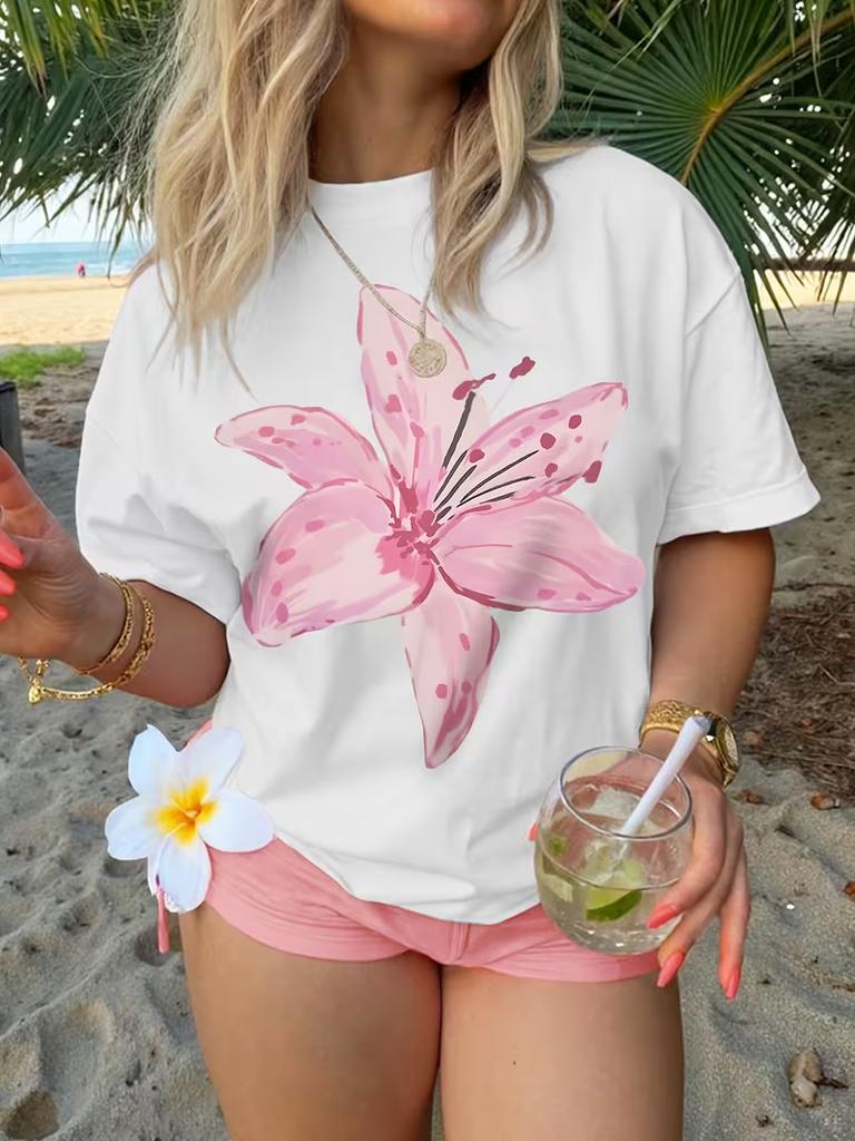Watercolor Pink Lily Flower Print T-Shirt Minimalist Floral Design Women's Casual Crew Neck Short Sleeve Tee for Summer Wear