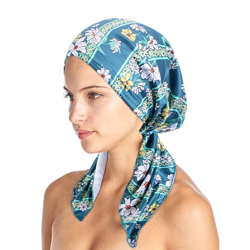 New Women Printed Pre-Tied Turban Cap Muslim Hijab Inner Caps Hair Loss Cover Beanies Bonnet Long Tail Headscarf Strech Bandana
