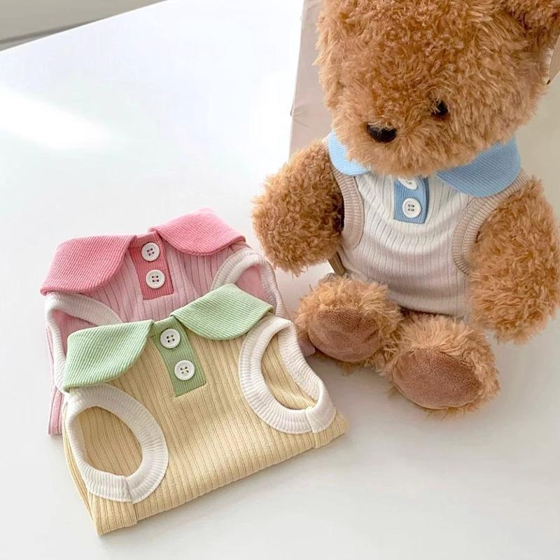 Japanese and Korean Wind Spring Summer Dog Macaron Contrasting Color Lapel Casual T-shirt Cat Thin Pet Teddy Dog Clothes