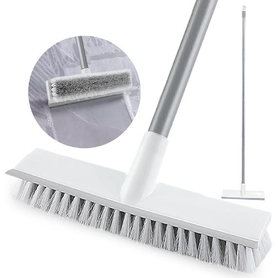 Floor Scrub Brush with Long Handle 54''- Stiff Bristle 2 In 1 Shower Scrubber with Squeegee Cleans Kitchen, Wall, Tile, Grout, Tub and Carpet, Brush