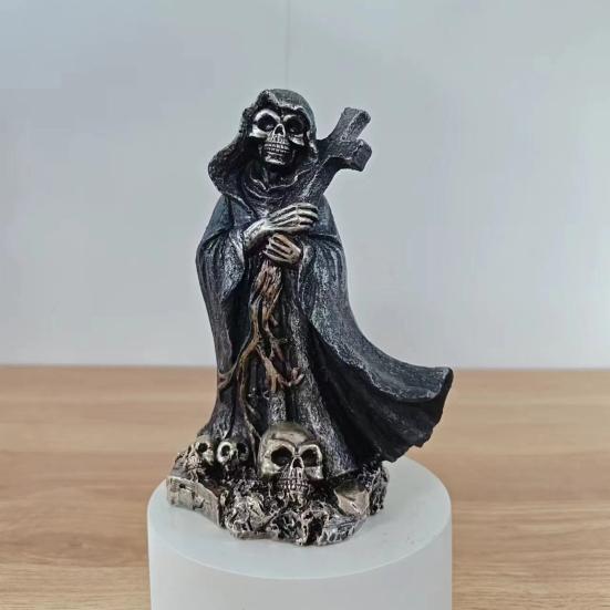 Grim Reaper Statue Halloween Black Horror Robe Sculpture Gothic Resin Santa Muerte Figurine for Halloween Indoor Bookshelf Desk Decor