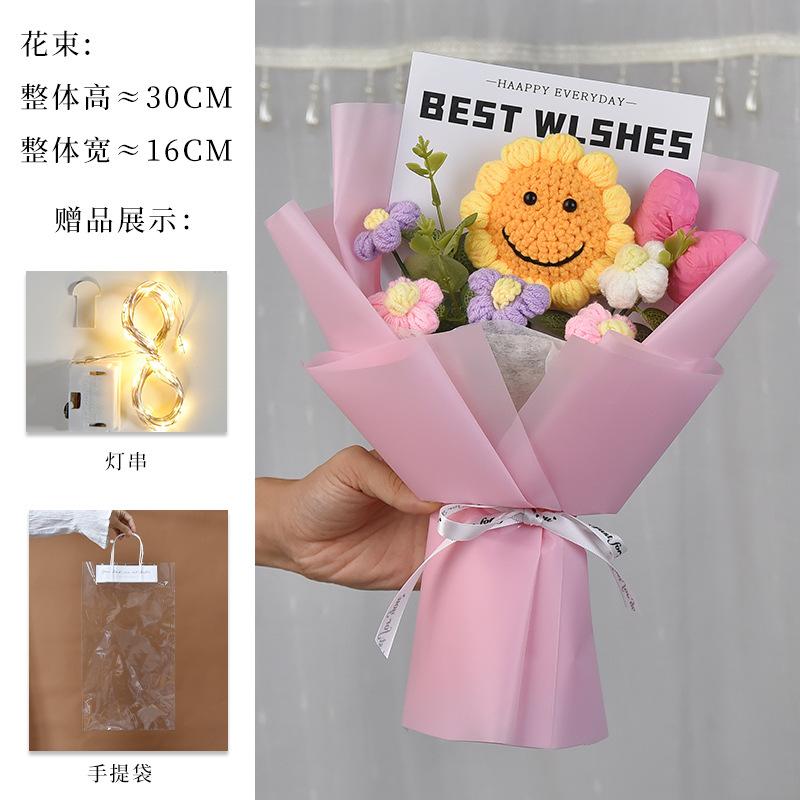 Hand-Knitted Sunflower & Rose Bouquet - with LED Lights & Gift Bag Thanksgiving Gift