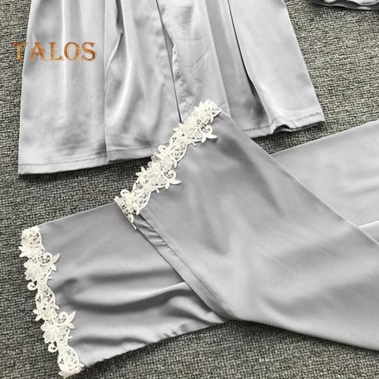 5 Pcs/Set Women Pajamas Suit Nightgown Nightdress Top Shorts Pants Set Silky Satin Lace Patchwork Loose Lace-up Waist Thin Women Homewear Set