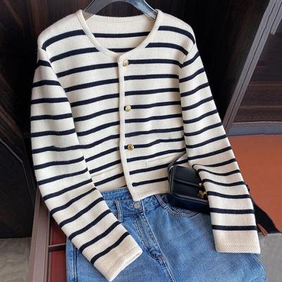 Women Long Sleeve Cardigans Sweet O-neck Knitted Tops Autumn Korean Fashion Stripe Sweater Casual Short Tops Knktwears 29073