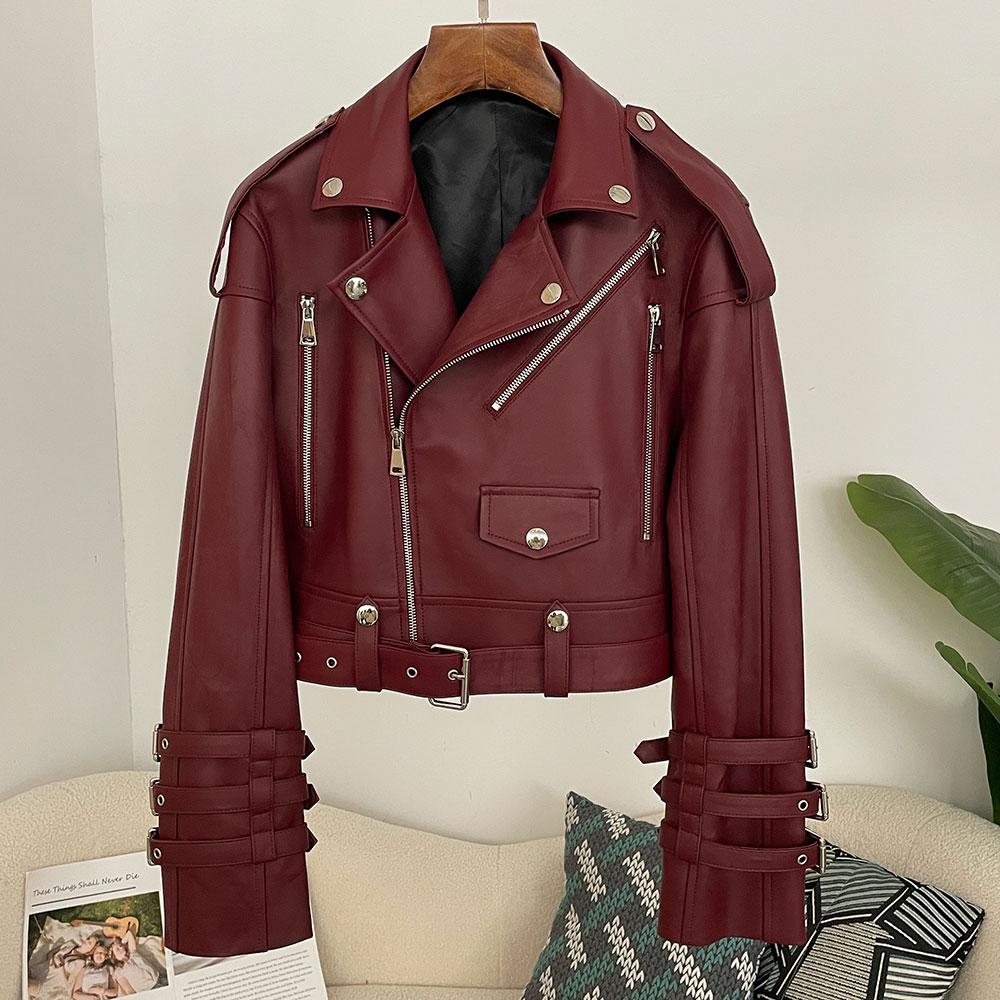 OFTBUY Women Vintage Loose Real Genuine Leather Short Jacket Tie Cuff Motorcycle Jacket Female Zipper Retro Moto Biker Coat Outwear Tops