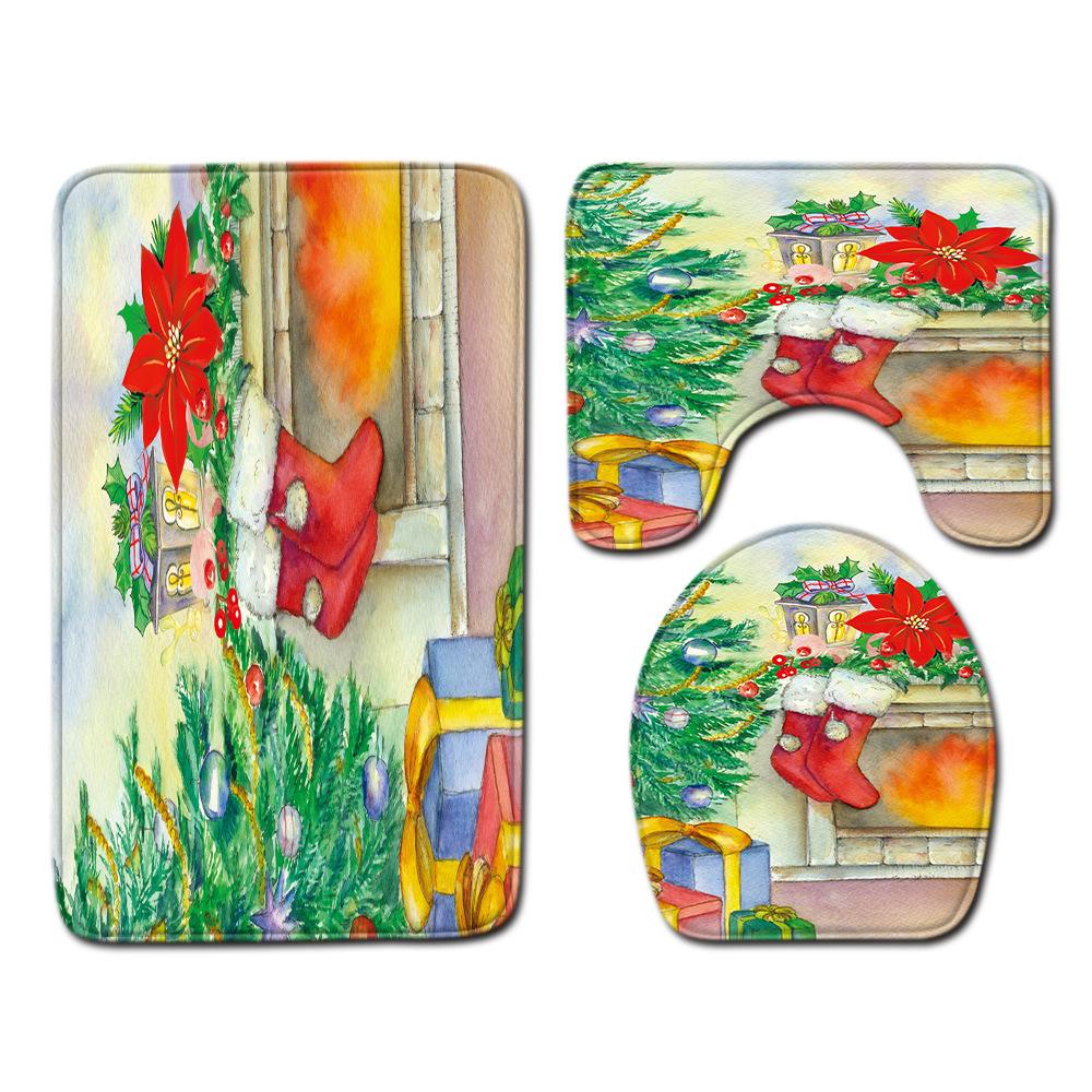 Christmas Shower Curtain Floor Mat Combination Four-Piece Set Bathroom Toilet Carpet Shower Room Mat Foot Mat