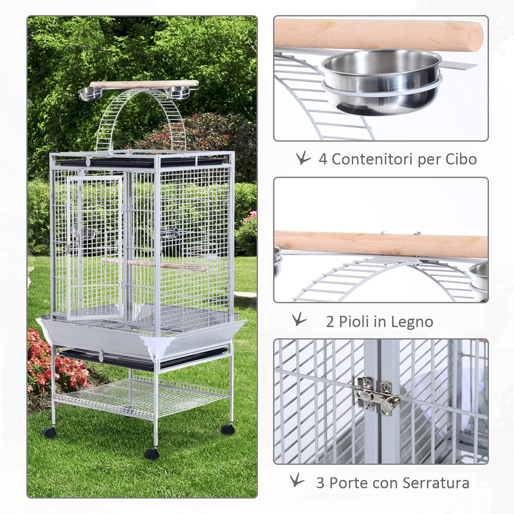 Bird Aviary with Wheels Height 161.5cm, Steel Bowls and Wooden Perches, Silver
