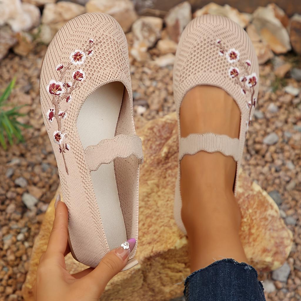 Floral Slip-on Shoes Women's Round Toe Slip-on Low Heel Embroidered Floral Lace-upless Anti-slip Walking Shoes, Breathable Daily Casual Shoes