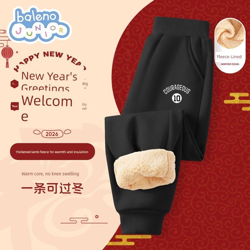 Baleno Kids Boys  Fleece-Lined Pants 2025 Autumn/Winter New Children s Lamb Fleece Sweatpants Warm Casual Pants Black # Tb White English K 130