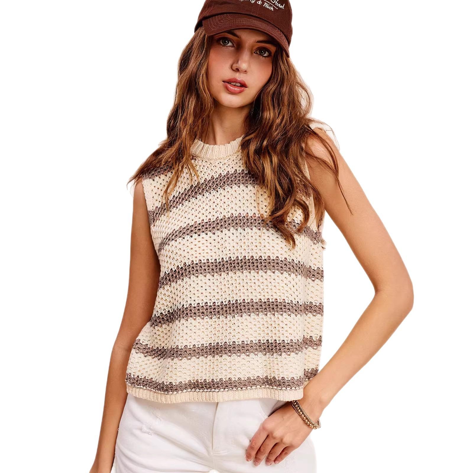 2026 Spring/Summer New Women s European American Style Loose-Fit Round-Neck Ribbed Striped Knitted Casual Comfortable Vest S