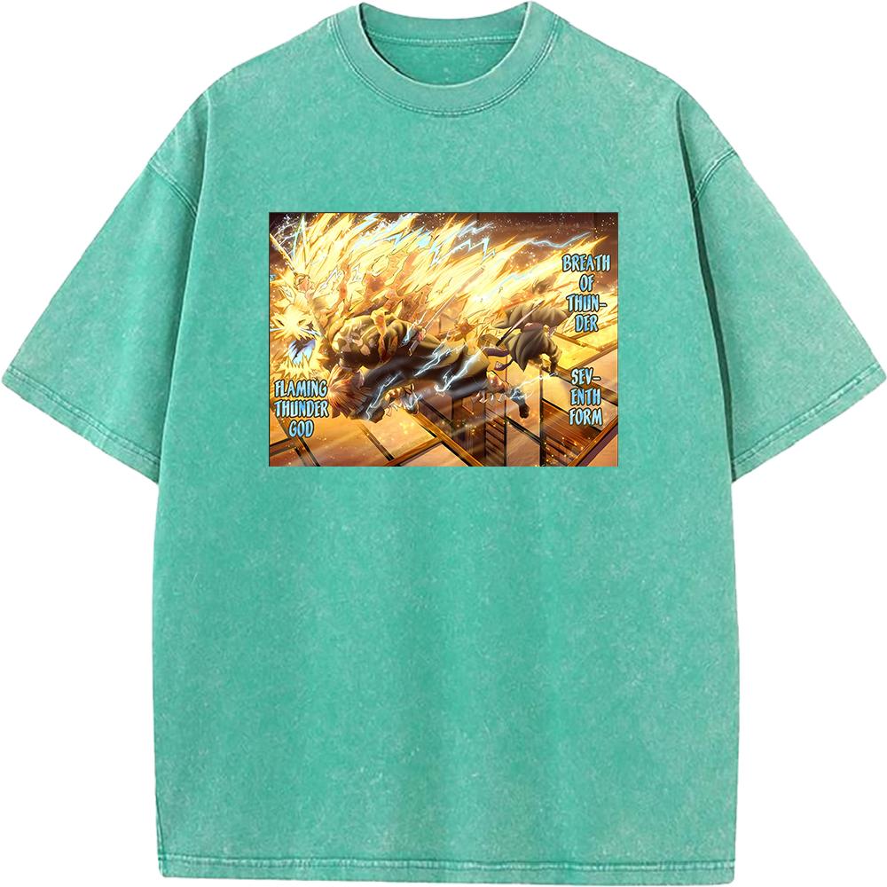 Hot Anime Demon Slayer Agatsuma Zenitsu Kaigaku Print T-shirt Men Retro Washed Tshirts Casual Cotton T Shirt Harajuku Male Tops