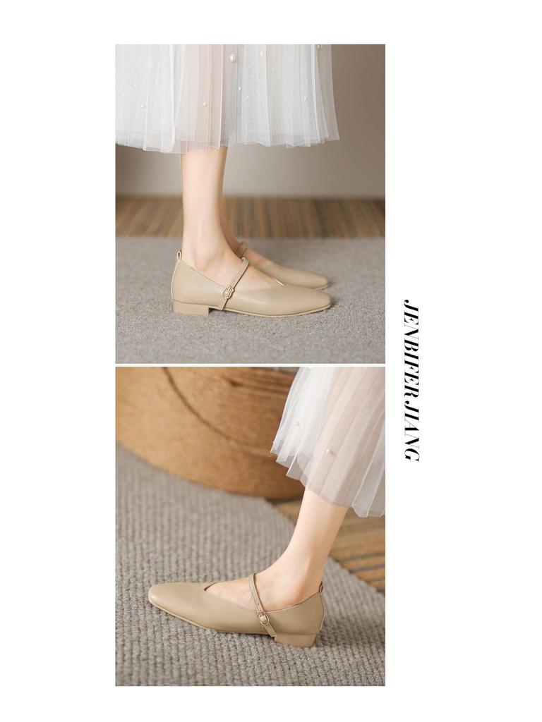 2023 Retro Low-Heeled Mary Jane Shoes: Square Toe, Soft Leather, Shallow-Mouth with Buckle Design for Women