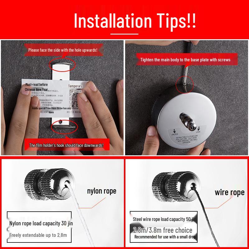 Invisible No-Drill Retractable Clothesline - Indoor/Outdoor, Stainless Steel & Nylon Drying Rope.