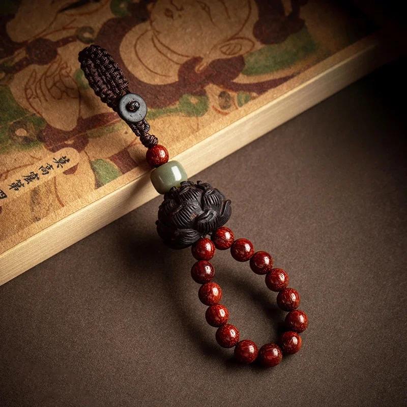 Buddhism Lotusblomma Nyckelring Tillbehör Trä Buddha Lyckobringande Pärlor Nyckelring Jadepärla Telefonamulett Väskspänne Kinesisk Charm