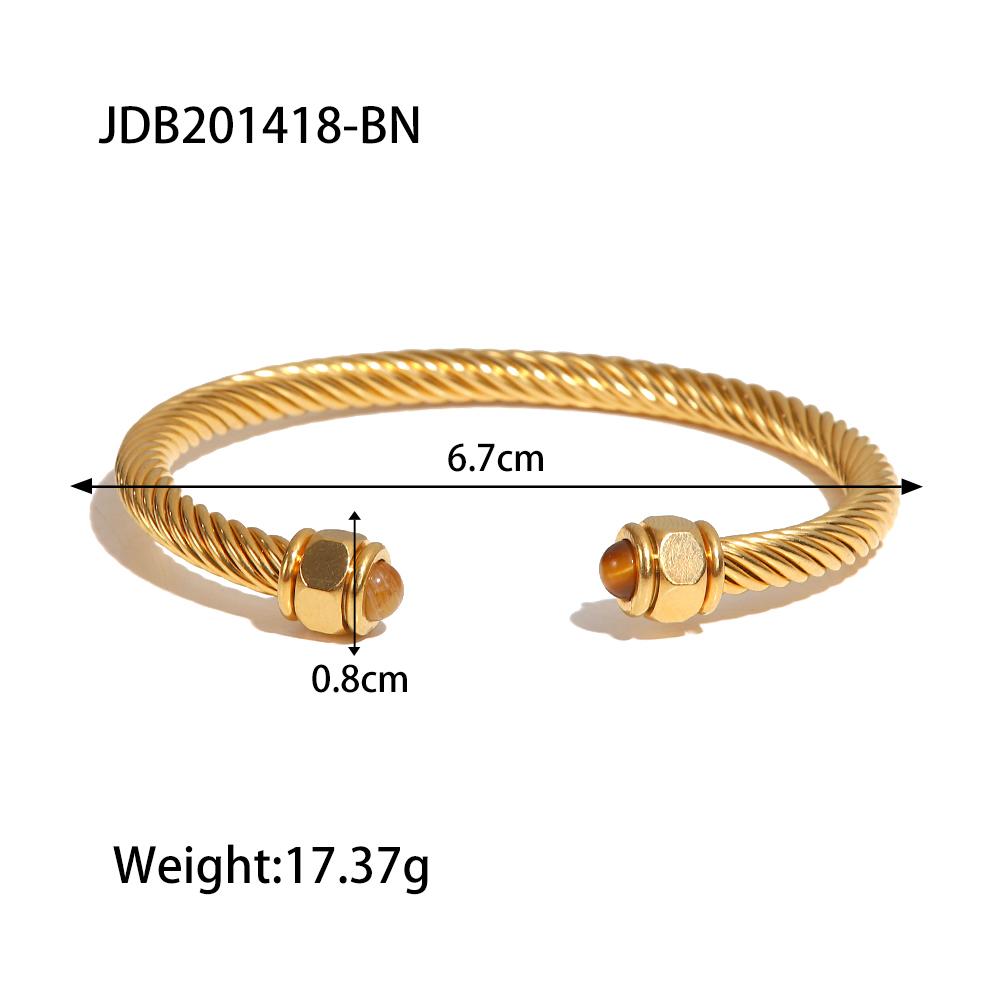 Uworld Simple Classic Gold Color Plated Stainless Steel Natural Stone Blue Turquoise Ribbed Bracelet Stackable Peacock Stone