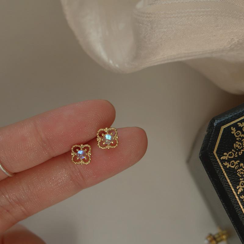 Mini Hollow Moonstone Flower Stud Earrings Simple Unique Floral Earrings for Women