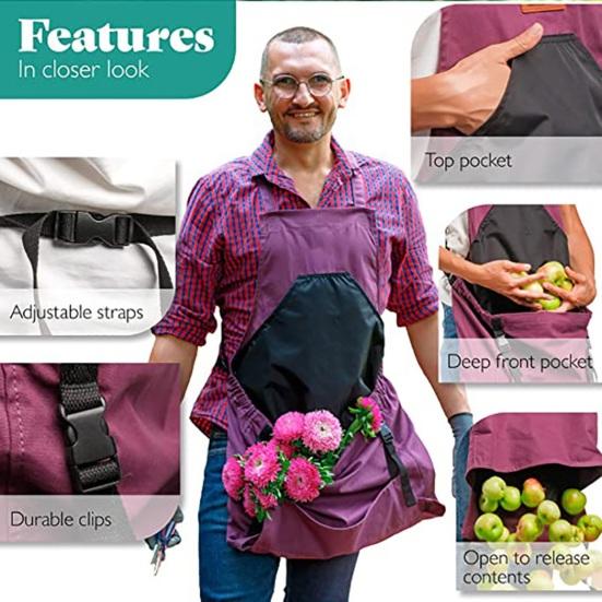 Gartenschürze, große, tiefe Tasche, Obstpflückschürze, leicht zugänglich, Druckknopf-Design, Arbeitsschürze für den Hausgarten
