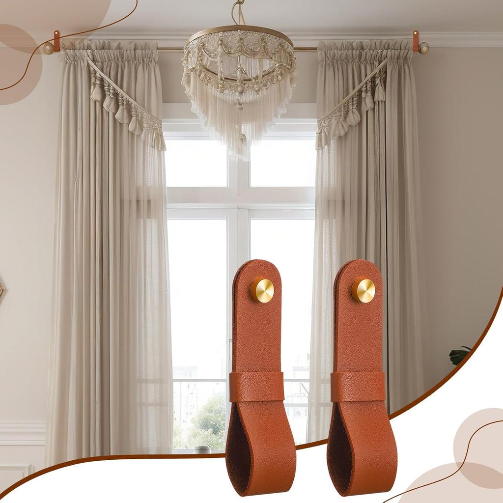 6 Pcs Leather Curtain Rod Holders PU Leather Curtain Rod Bracket Mounted Loop Straps with Screws and Plastic Wall Plugs, Boho Pole Hanger Hook for