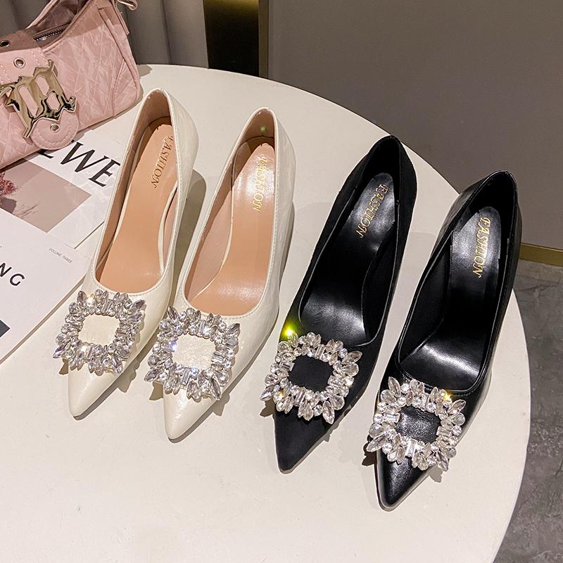 Women Shoes Fashion Rhinestone Square Buckle Bridesmaid Wedding Shoes Solid Flock Pointed Toe Stiletto Pumps French High Heels