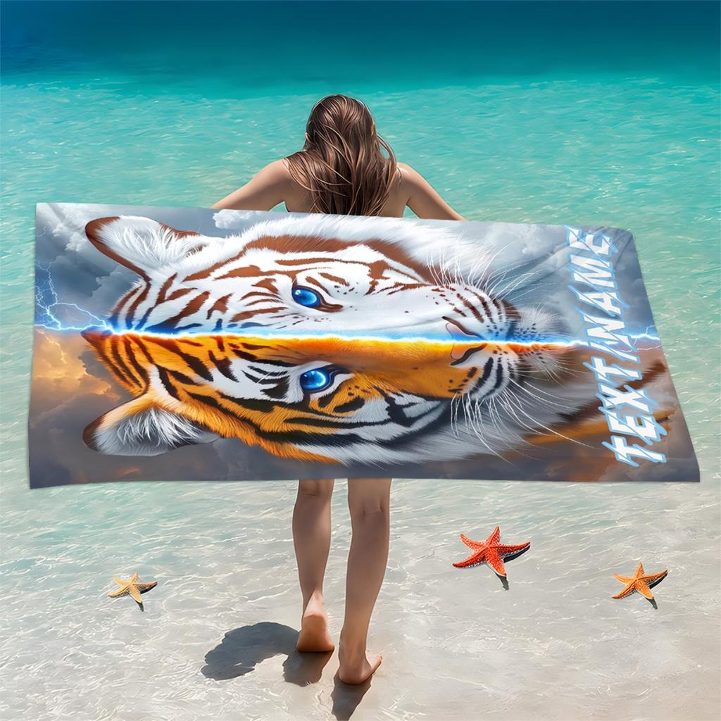 Custom Double Tiger Beach Towel Orange White Tiger Print Personalized Name Microfiber Sand Free Quick Dry Gift