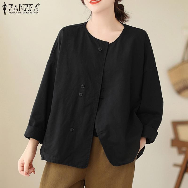 ZANZEA Women Casual Round Neck Solid Color 3/4 Sleeve Loose Blouse