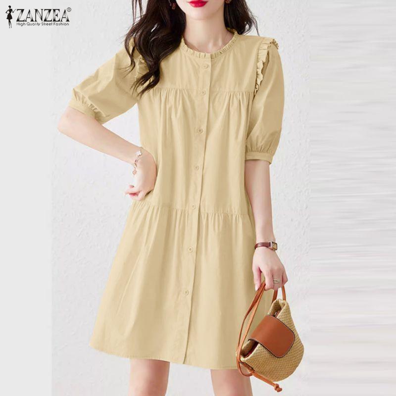 ZANZEA Women Casual Round Neck Solid Color Loose Short Sleeve Dress