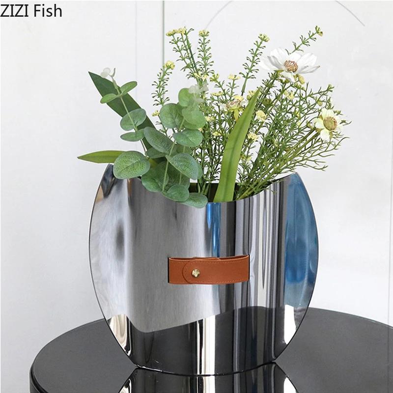 Silver Geometric Metal Vase Table Decoration Flowers Arrangement Artificial Flowers Decorative Vases Room Aesthetic Decor