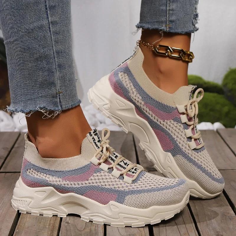 Fashion 2024 Shoes Female Lace Up Women's Vulcanize Shoes Autumn Mixed Colors Breathable Mesh Casual Sports Comfortable Walking Shoes
