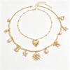 2PCS Layered Charm Necklace Gold Tone Sun Heart Star Bow Imitate Baroque Pearl Boho Western Summer Beach Vacation Jewelry