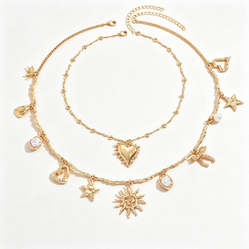 2PCS Layered Charm Necklace Gold Tone Sun Heart Star Bow Imitate Baroque Pearl Boho Western Summer Beach Vacation Jewelry