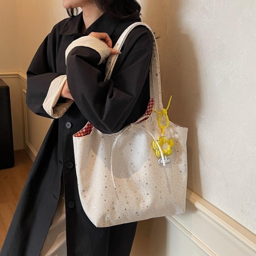 New Double-sided Shoulder Bag Plaid Canvas Versatile Handbag Korean Style Lightweight Canvas Bag Casual Commute
