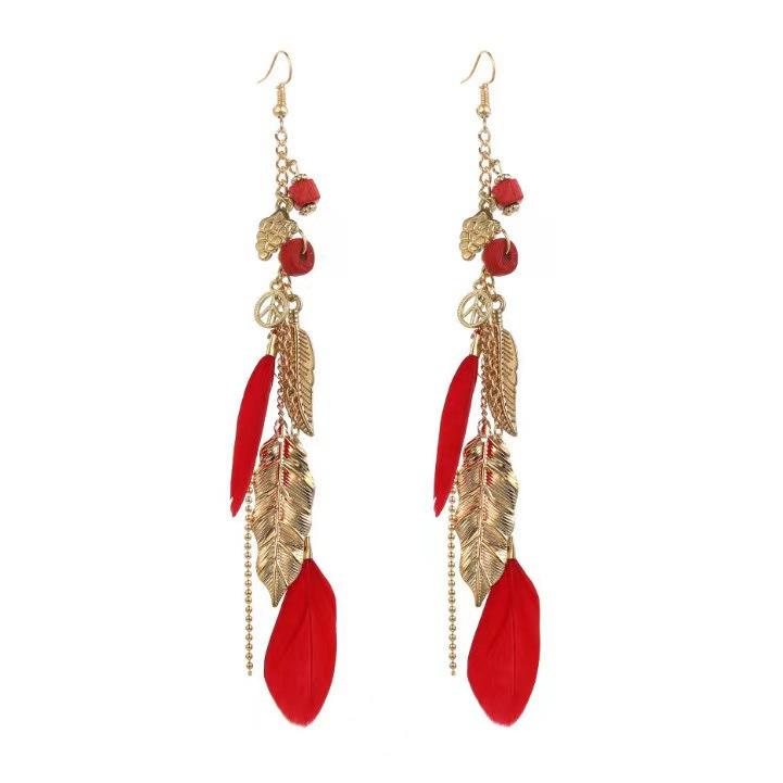 Bohemian Leaf Feather Earrings Retro Ethnic Style High Temperament Earrings Long Chain Ear Hook Jewelry Women