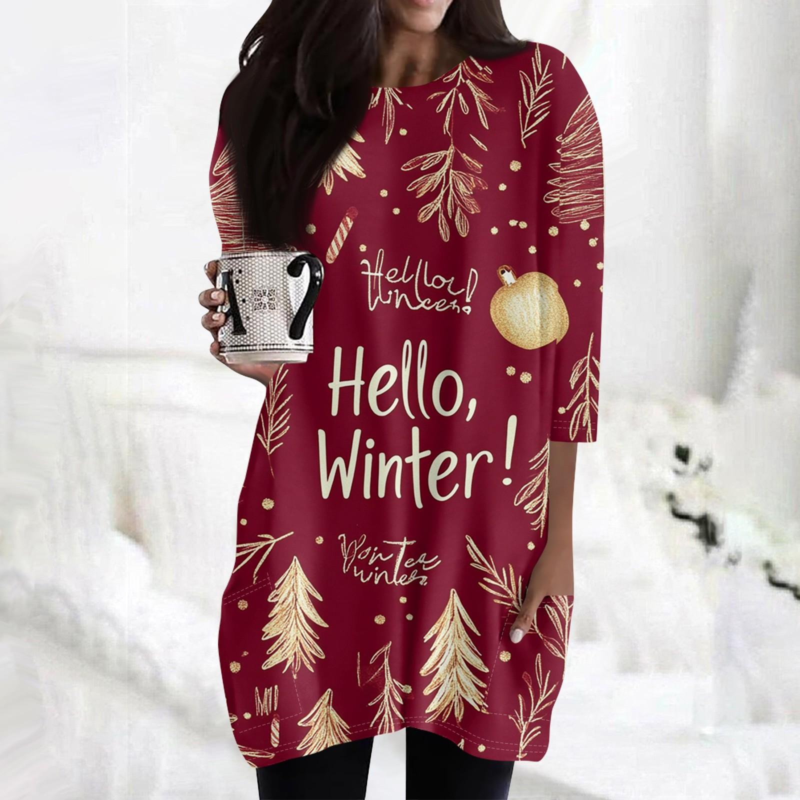 

Женские повседневные рубашки с рукавами 3/4, модные рождественские принты, туники, топы с карманами M киноварь