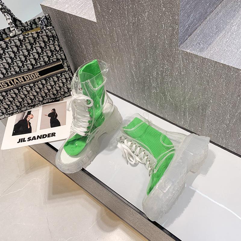 Fashion Women's transparent boots with round toe, thick sole, front lace-up, mid-calf, large size, with jelly socks