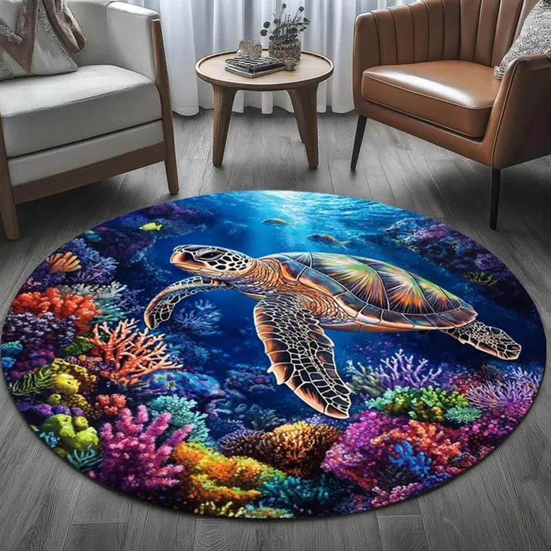 

Sea Turtle Carpet Underwater World Coral Starfish Pattern Print Rug Ocean Lover Home Decor Kids Room Circle Non-Slip Floormat Diameter 60cm