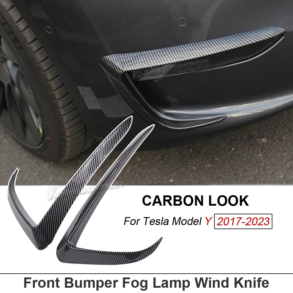 For Tesla Model 3 Model Y 2017-2023 Glossy Black/Carbon Car Front Bumper Fog Light Frame Wind Knife Spoiler Decoration Body Kit