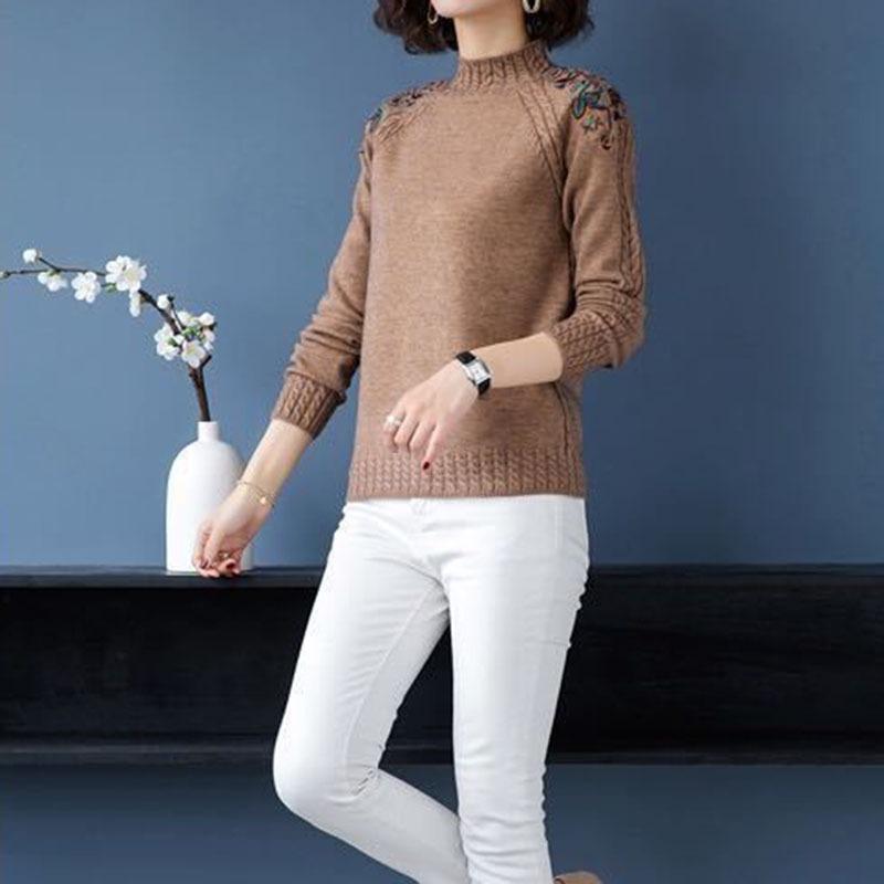 Bestickte Blumen Halber Stehkragen Pullover Damen Herbst Winter Dick Warm Gestrickter Pullover Slim Gerippt Weiche Oberteile