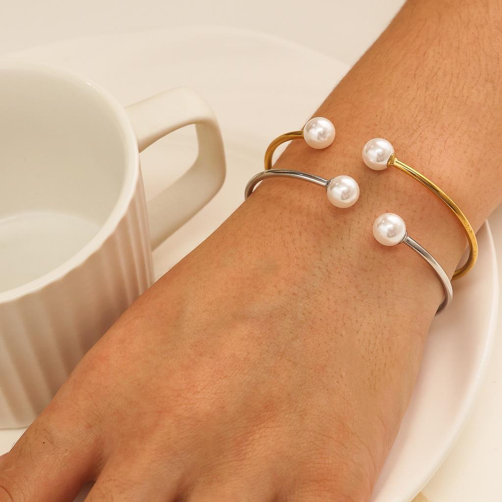Elegant Double Pearl Titanium Steel Open Bracelet 18K Gold Plated Waterproof Cuff Bangle Jewelry for Women Sister Mother Gift