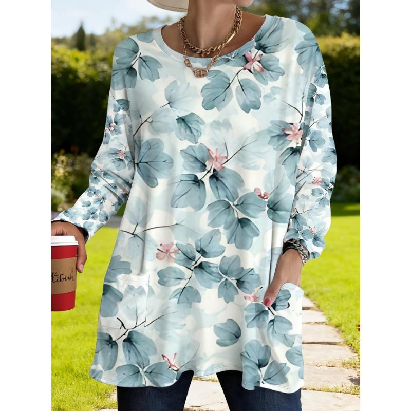 Women s Plus Size Loose Long Sleeves with Pocket Design Fresh Floral Print S