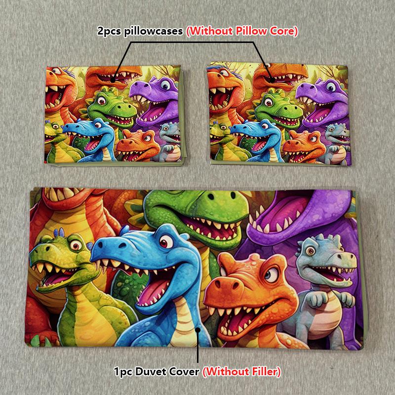 3 pièces Housse de couette Dinosaure Coloré Dessin Animé Tissu de Literie Confortable Doux et Respirant Inclus (Housse de couette* 1+Taies d'oreiller*2)