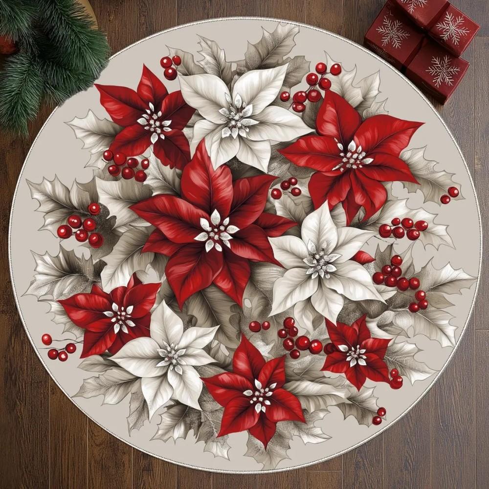 Christmas Poinsettia Floral Area Rugs Non-Slip Washable Round Carpet for Bedroom Living Room Round Rug Holiday Decor Floor Mat